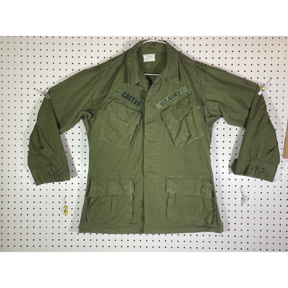 Vintage US Army Jungle Fatigue Jacket Ripstop OG-107 Small Short Castro Patch